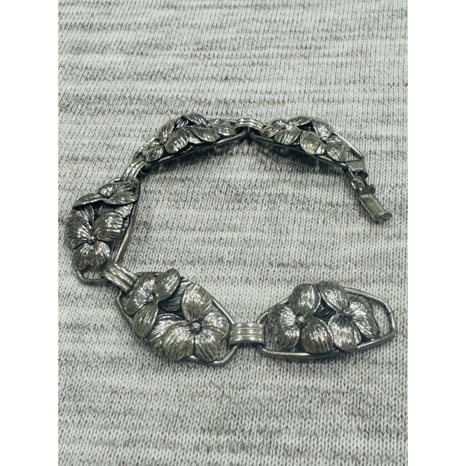 Sterling Silver Floral Link Bracelet Vintage Flower Panel Bracelet 7"